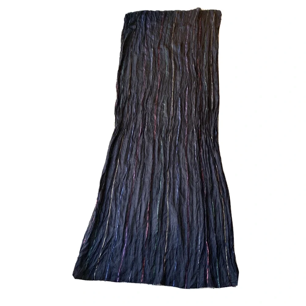 Silky black crinkle fabric scarf wrap shawl multicolor metallic ribbon stripes